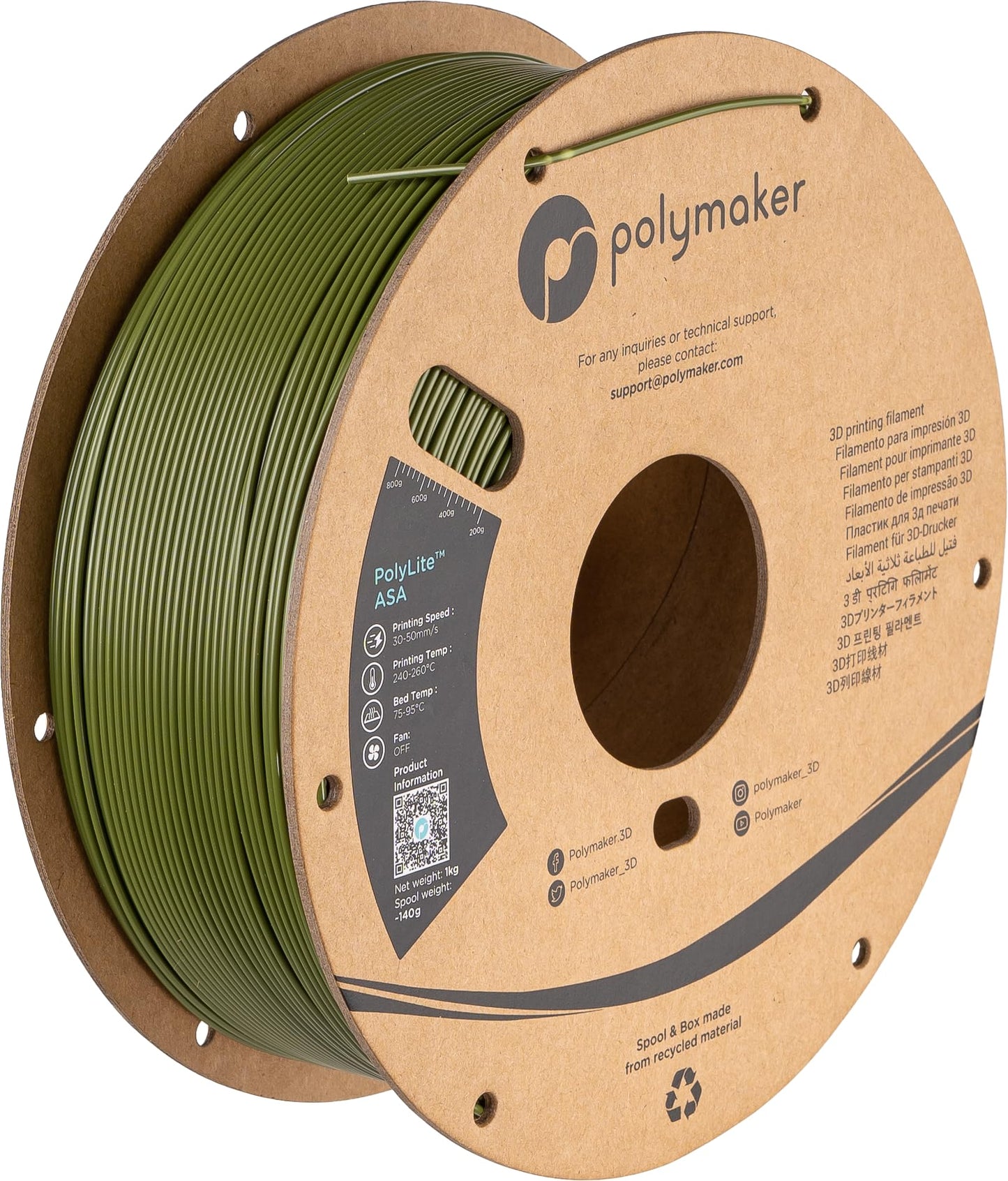 Polymaker ASA Filament 1.75mm Army Green, 1kg ASA 3D Printing Filament, Heat & Weather Resistant - ASA 3D Printer Filament Perfe