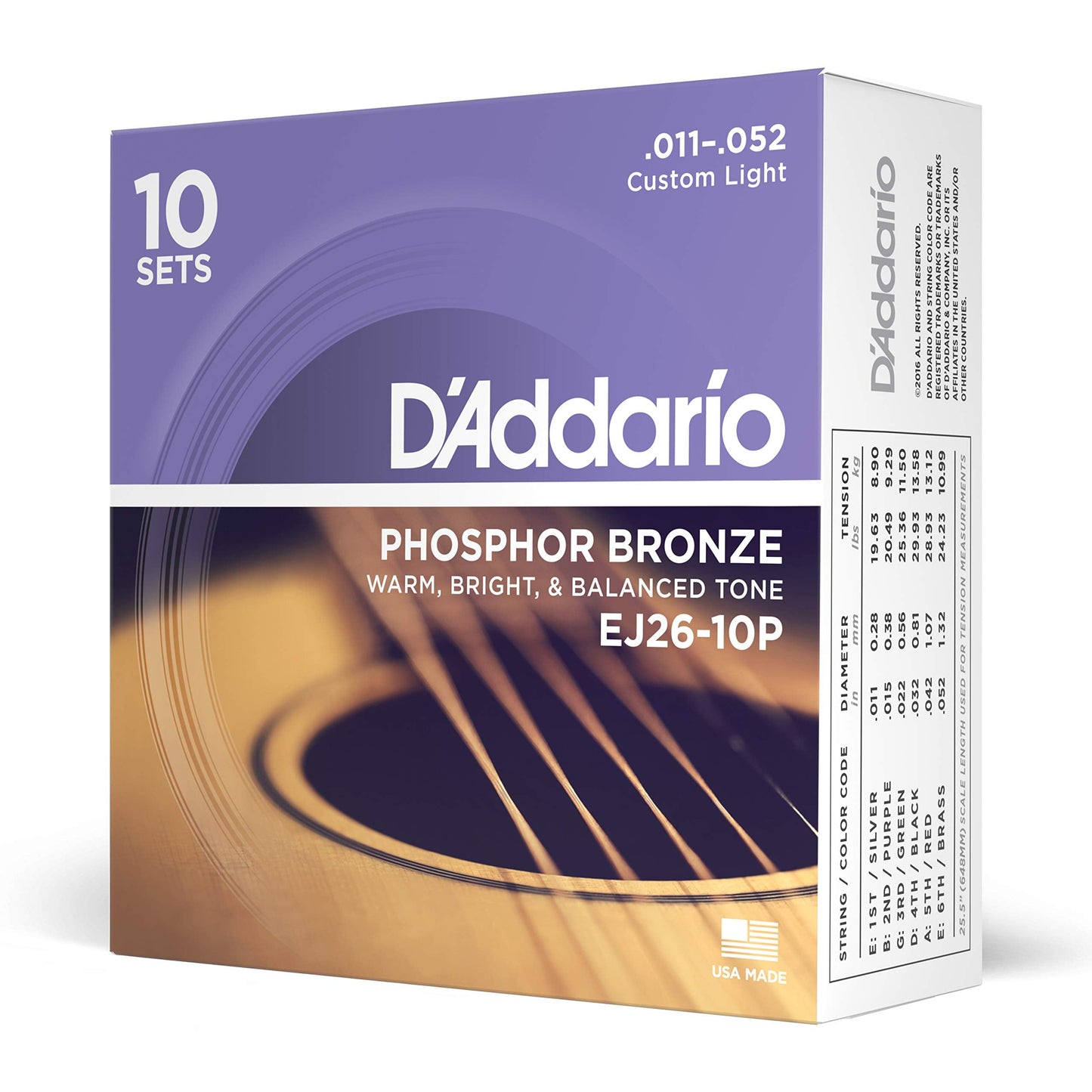 D'Addario Phosphor Bronze Acoustic Guitar Strings EJ26-10P, Custom Light 11-52, 10-Pack, Rich Tonal Spectrum, Bronze Color