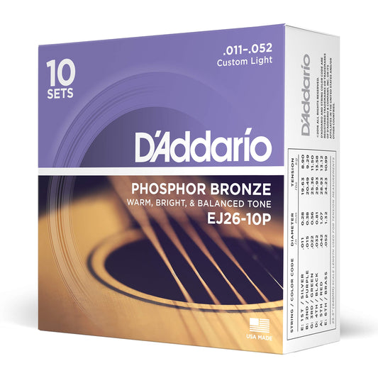 D'Addario Phosphor Bronze Acoustic Guitar Strings EJ26-10P, Custom Light 11-52, 10-Pack, Rich Tonal Spectrum, Bronze Color