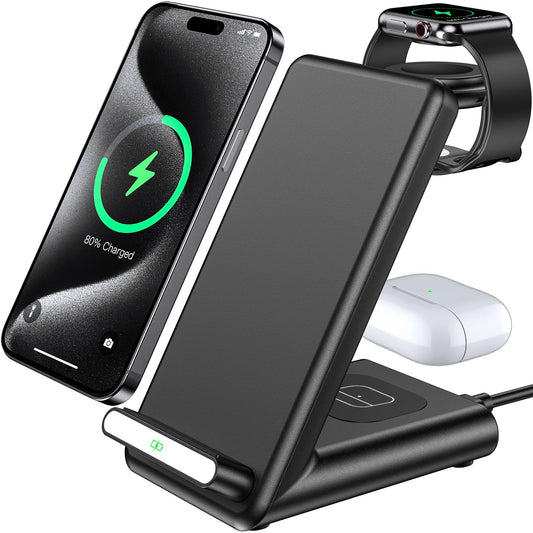 QKXC Wireless Charging Station, 3 in 1 Fast Charger for Apple Watch Ultra & iPhone 15, Black, Model X3Pro, Silicone