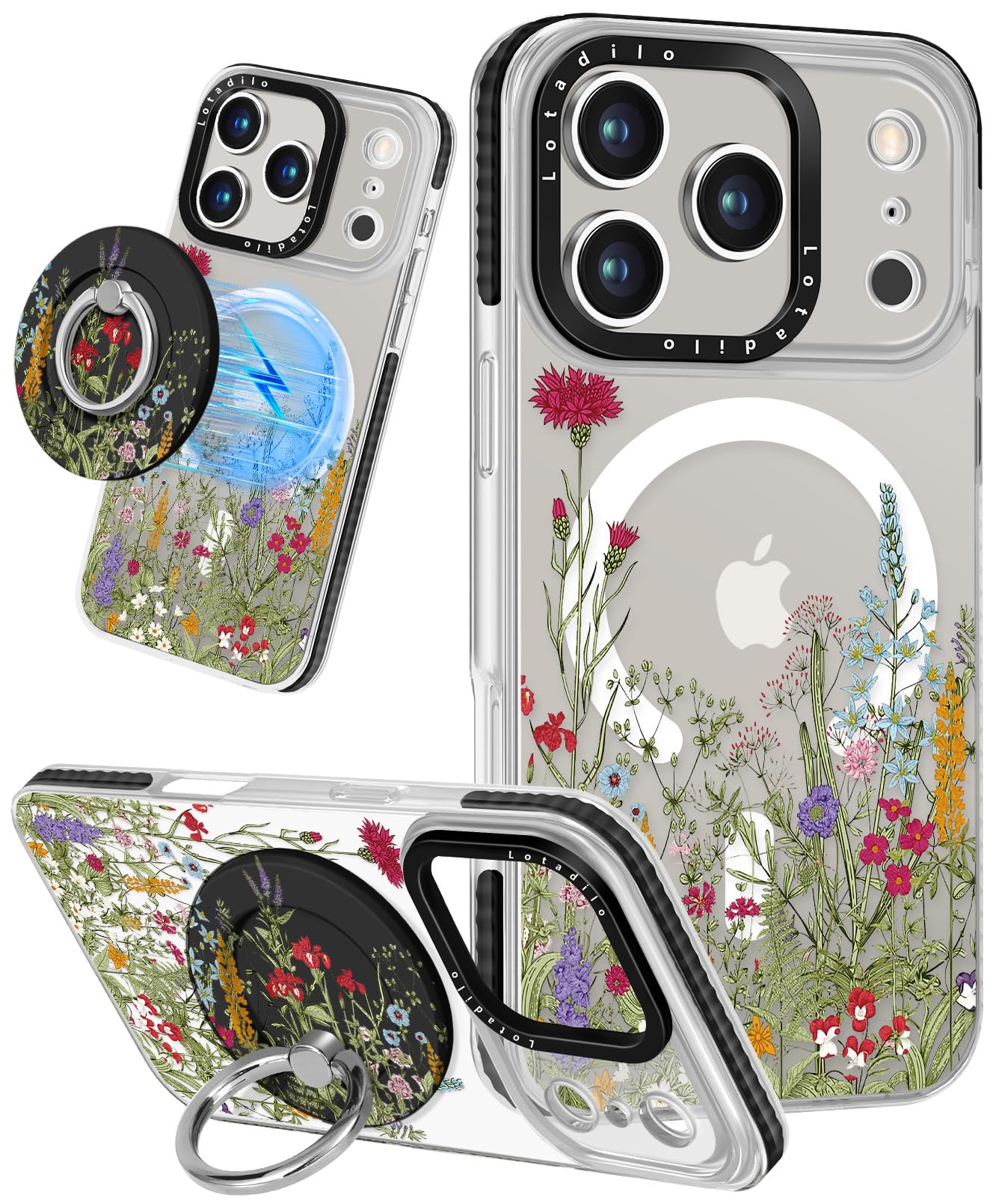 Lotadilo Case for iPhone 17 Pro Case Compatible with Magsafe Ring Holder Stand - for Women Wild Floral Design TPU Phone Cover fo