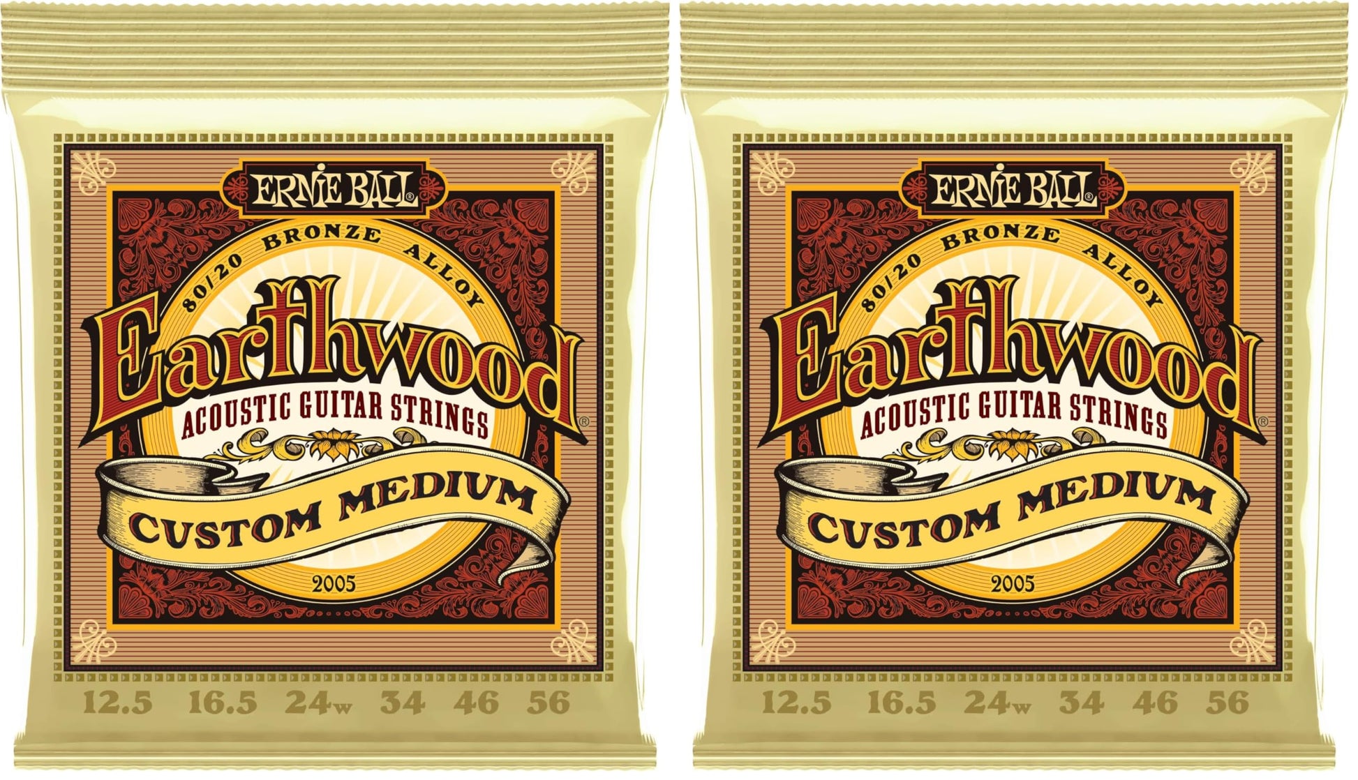Ernie Ball Earthwood Custom Medium 80/20 Bronze Acoustic Guitar Strings, 12.5-56 Gauge (P02005) (Pack of 2)