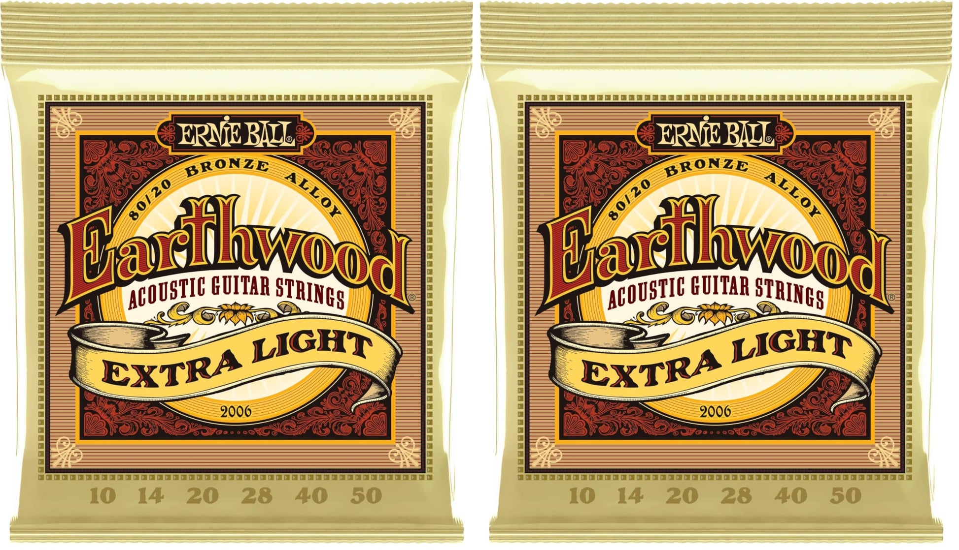 Ernie Ball Earthwood Extra Light 80/20 Bronze Acoustic Guitar Strings, 10-50 Gauge (P02006) (Pack of 2)