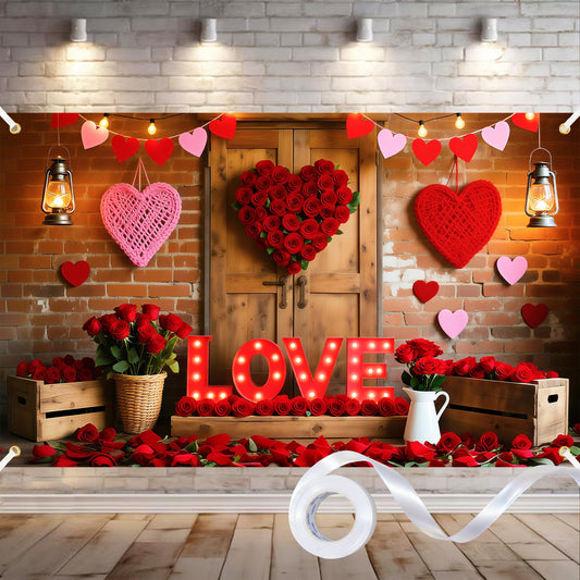 6x4ft Valentines Day Backdrop for Photography Polyester Valentines Photo Backdrop Mothers Day Backdrops Rustic Wood Door Brick
