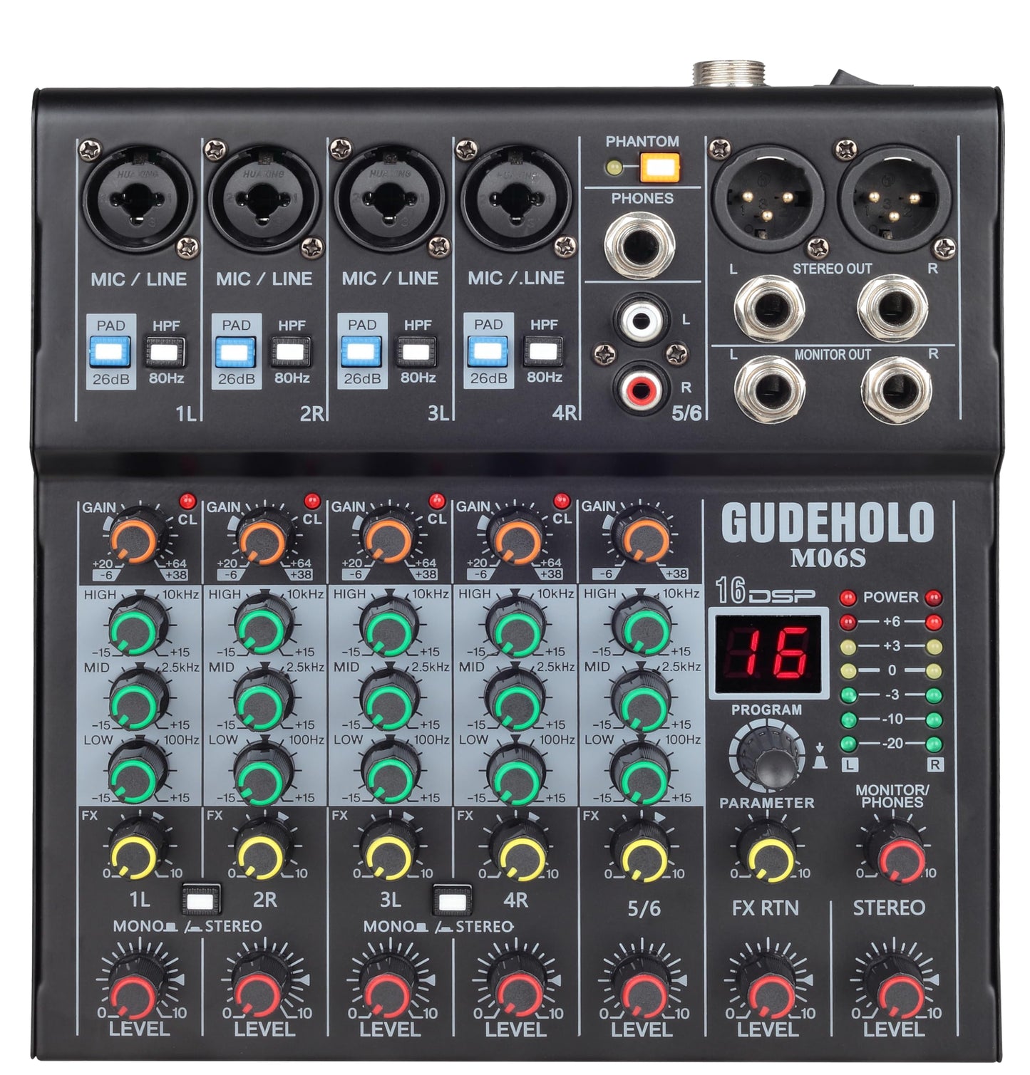 GUDEHOLO 6-Channel Professional DJ Audio Mixer, DJ Controller Sound Mixer DSP 16 Preset Effects, Ideal for Home Party