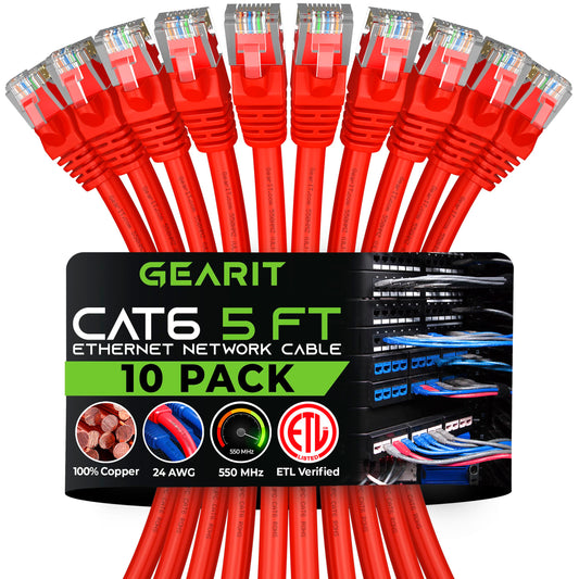GearIT Cat 6 Ethernet Cable 5 ft (10-Pack) - Cat6 Patch Cable, Cat 6 Patch Cable, Cat6 Cable, Cat 6 Cable, Cat6 Ethernet Cable,