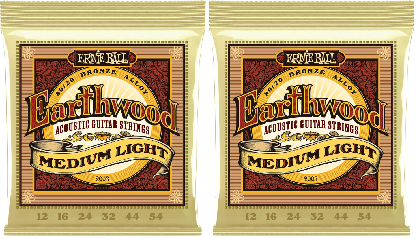 Ernie Ball Earthwood Medium Light 80/20 Bronze Acoustic Guitar Strings, 12-54 Gauge (P02003) (Pack of 2)