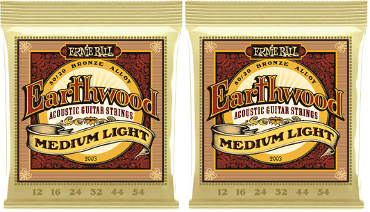 Ernie Ball Earthwood Medium Light 80/20 Bronze Acoustic Guitar Strings, 12-54 Gauge (P02003) (Pack of 2)