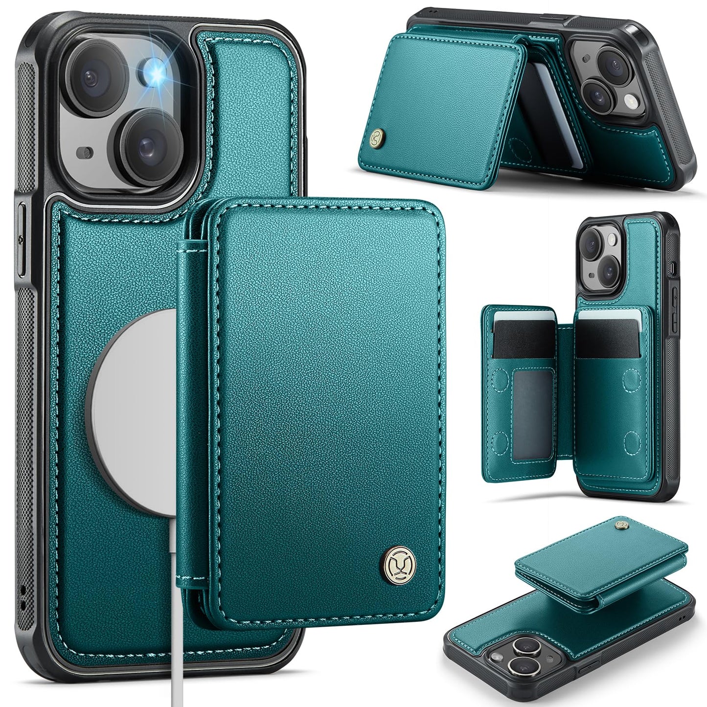 Usroom Compatible with Magsafe for iPhone 15 Plus Wallet Case Magnetic Card Holder, RFID Blocking 2 in 1 Detachable Kickstand Sh