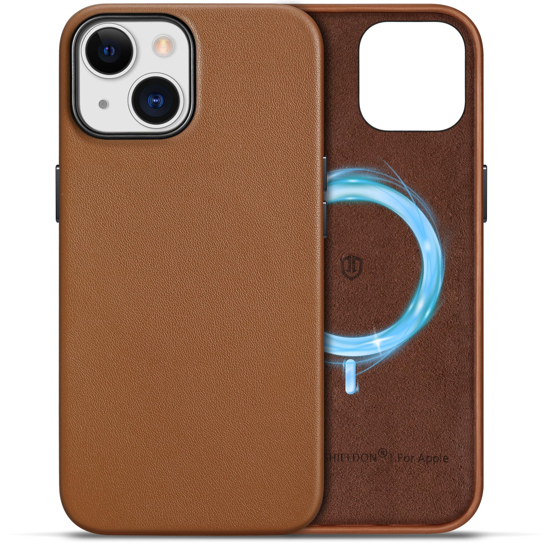SHIELDON Case for iPhone 15, Genuine Leather Slim Wireless Charging Magnetic Non-Slip Anti-Scratch Shock-Absorbent Phone Case Co