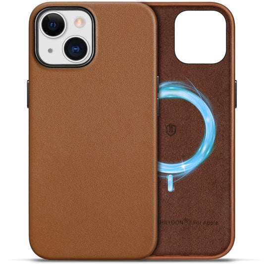 SHIELDON Case for iPhone 15, Genuine Leather Slim Wireless Charging Magnetic Non-Slip Anti-Scratch Shock-Absorbent Phone Case Co