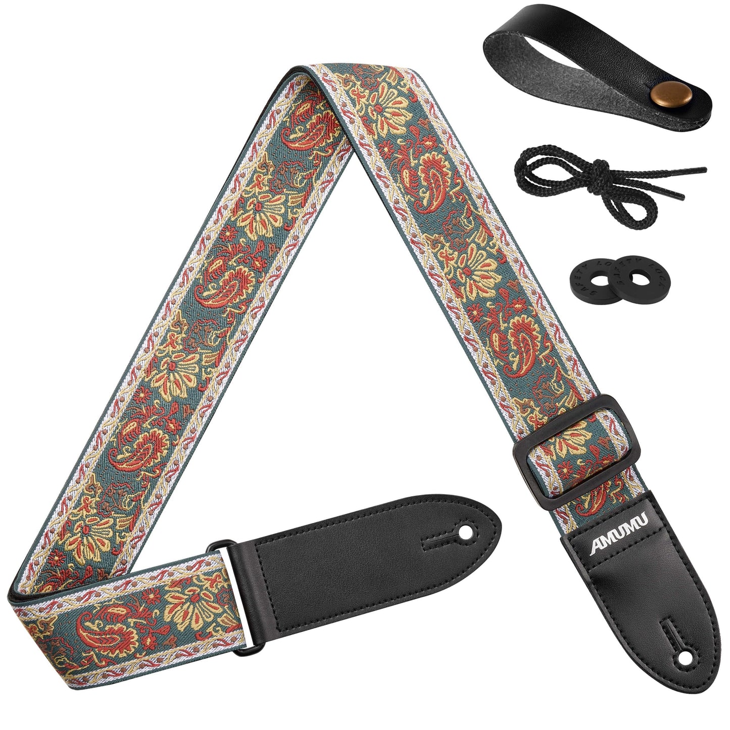 Amumu 2 Vintage Paisley Guitar Strap - Premium Leather Ends - for Acoustic, Electric, Bass Guitars, Adjustable 37 to 63