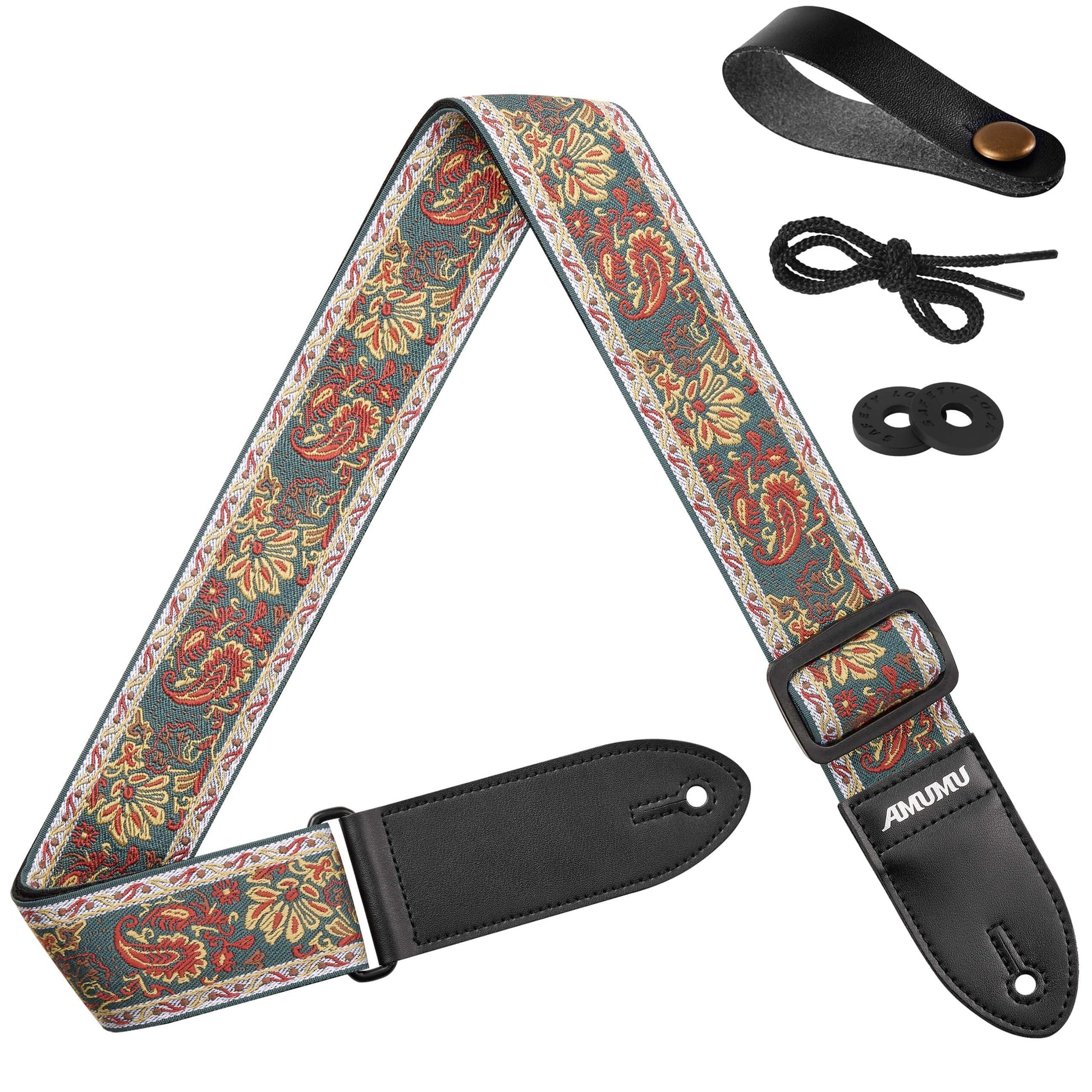 Amumu 2 Vintage Paisley Guitar Strap - Premium Leather Ends - for Acoustic, Electric, Bass Guitars, Adjustable 37 to 63