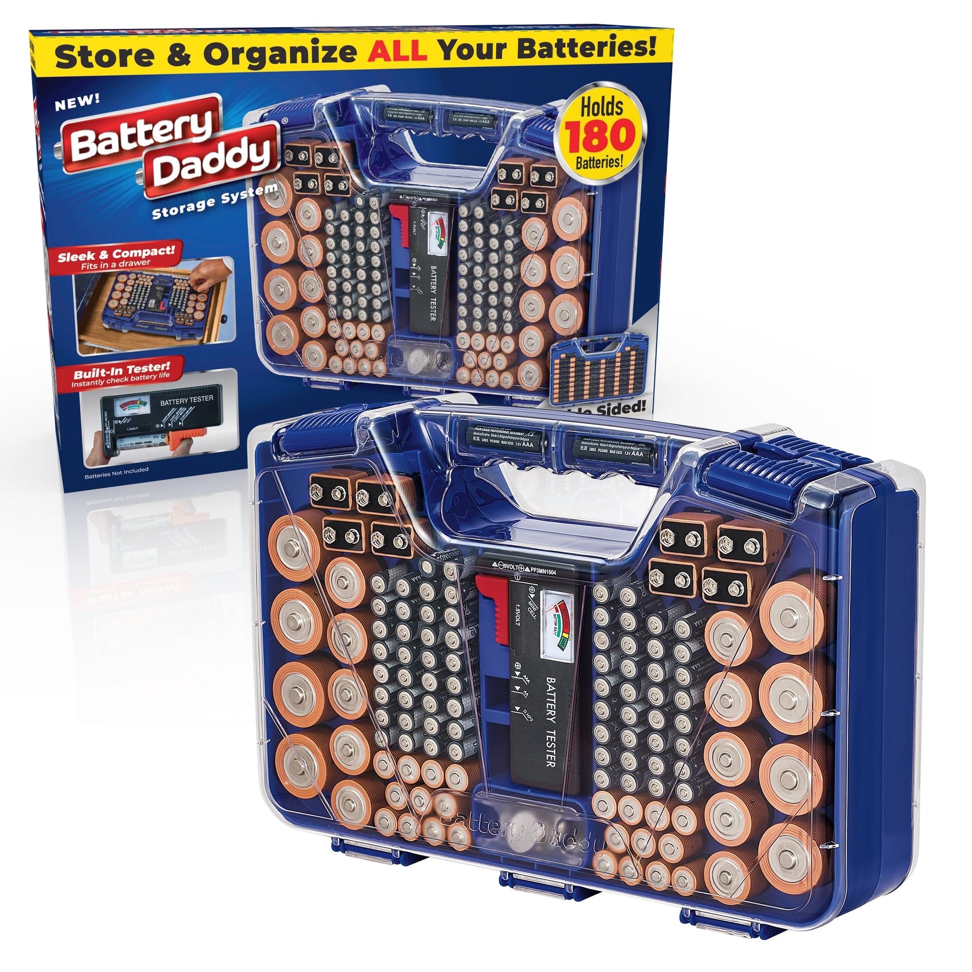 Battery Daddy Storage & Organizer Case with Tester, Stores & Protects Up to 180 Batteries, Double-Sided, Clear Locking Lid, Secu