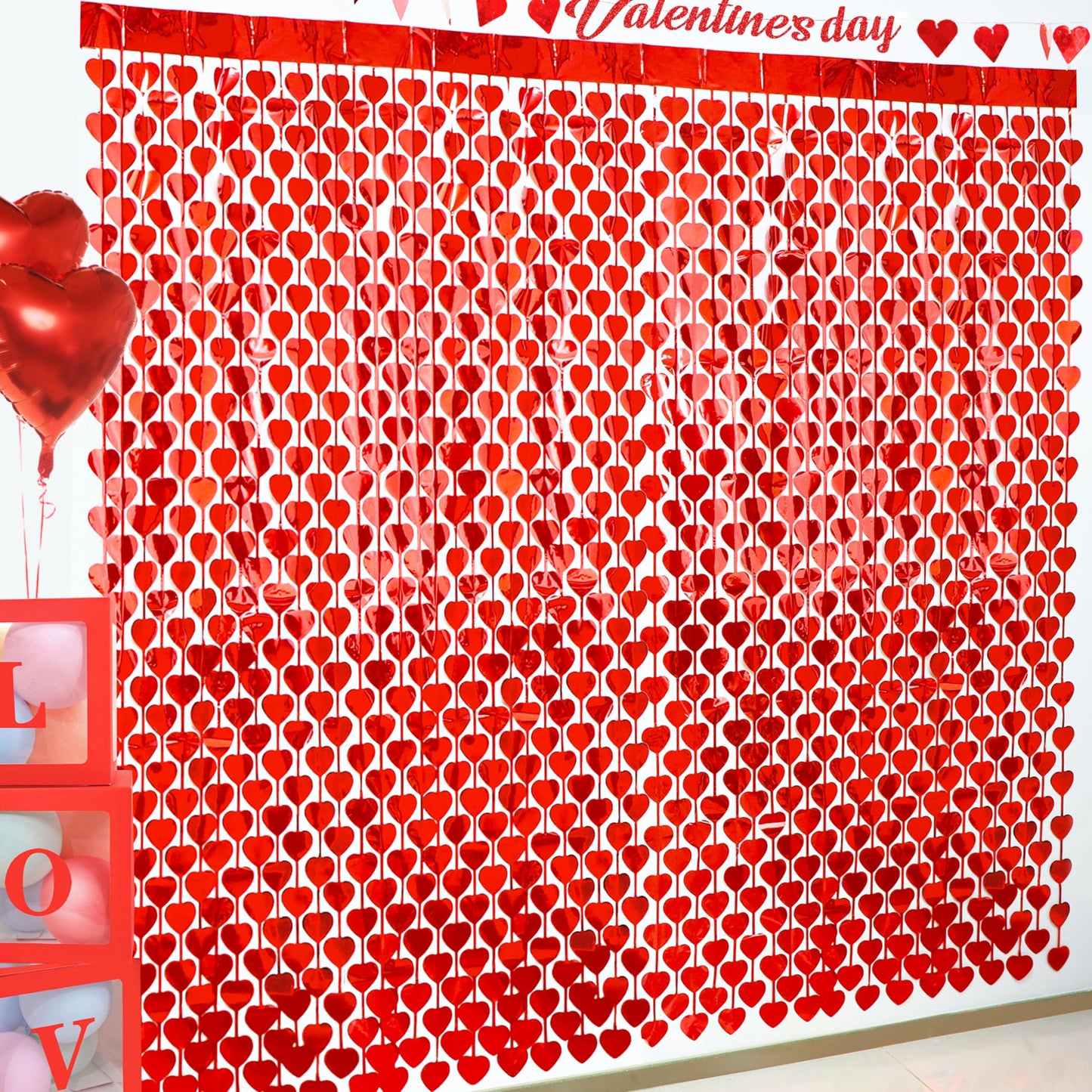 Valentines Day Decorations, 4 Pack Valentines Day Backdrop Garland, Red Heart Foil Fringe Tinsel Backdrop Streamer for Wedding A