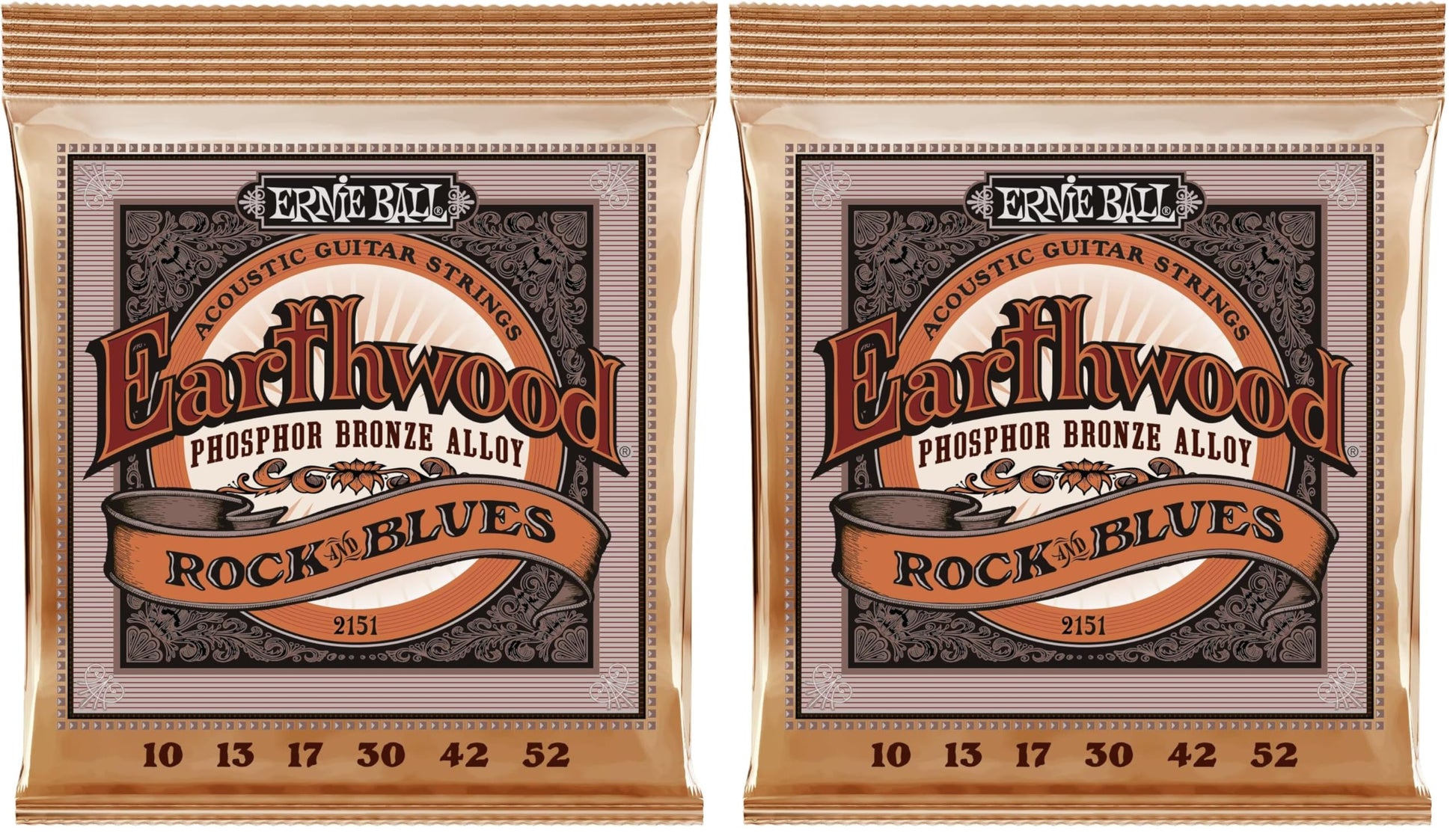 Ernie Ball Earthwood Rock & Blues Phosphor Bronze Acoustic Guitar Strings, 10-52 Gauge (P02151) (Pack of 2)