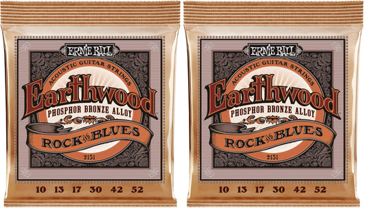 Ernie Ball Earthwood Rock & Blues Phosphor Bronze Acoustic Guitar Strings, 10-52 Gauge (P02151) (Pack of 2)