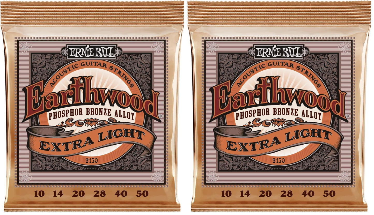 Ernie Ball Earthwood Extra Light Phosphor Bronze Acoustic Guitar Strings, 10-50 Gauge (P02150) (Pack of 2)