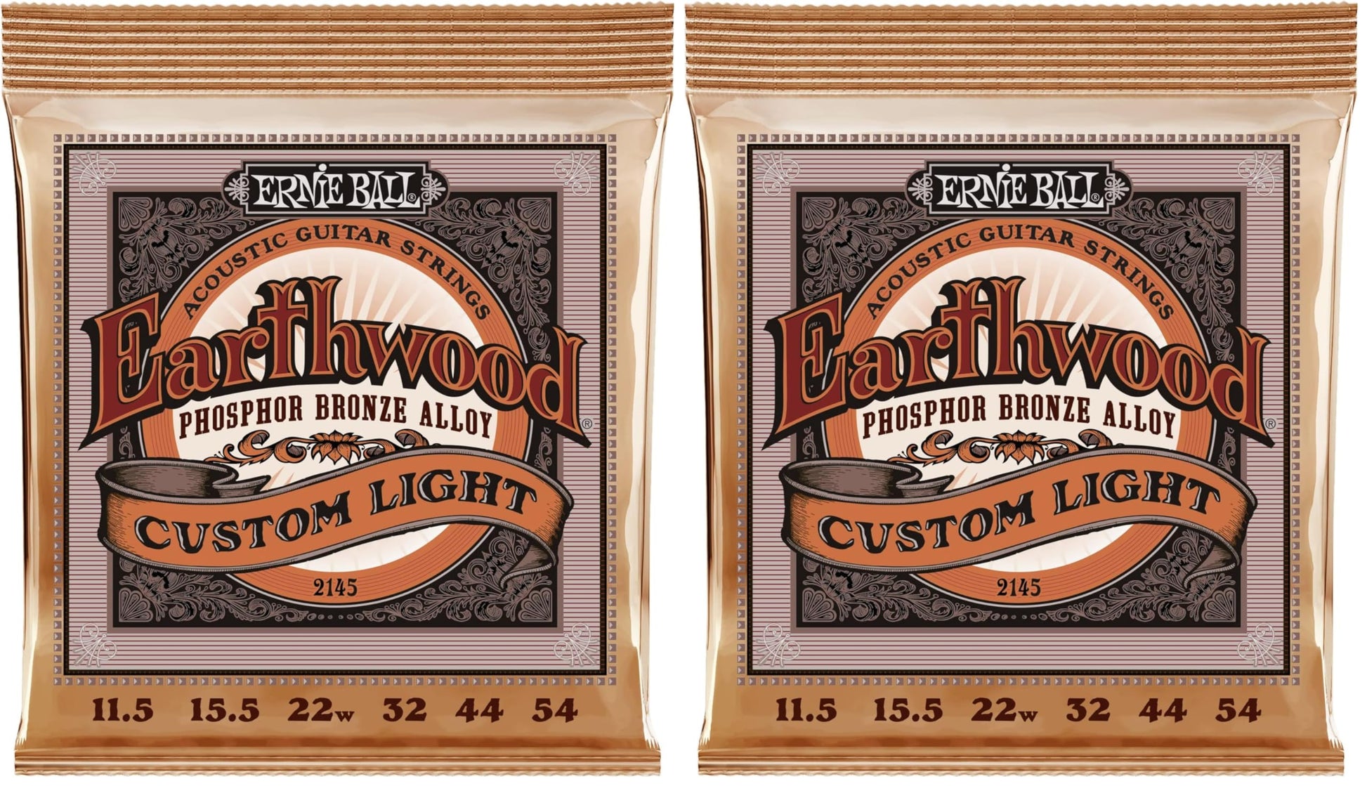 Ernie Ball Earthwood Custom Light Phosphor Bronze Acoustic Guitar Strings, 11.5-54 Gauge (P02145) (Pack of 2)
